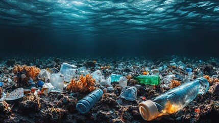 Ocean pollution Plastic waste on seabed.
