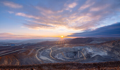 Aerial view Panorama Open pit mine. Mining industry landscape with big yellow truck.