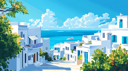 Serene coastal village with white and blue architecture on a sunny day in tunisia. independence day of tunisia. horizontal banner. copy space. Sunny Coastal Village. Illustration