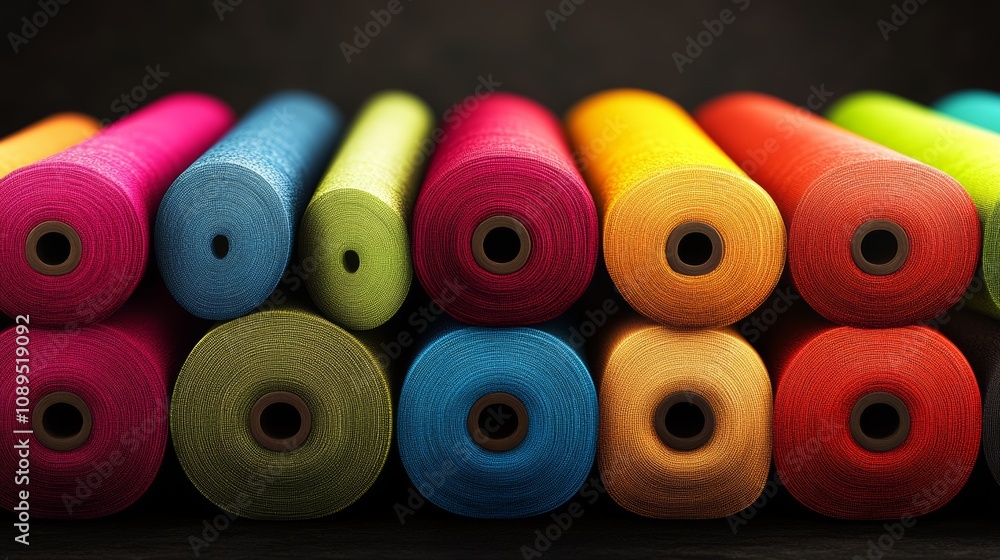 Poster row of colorful rolls of fabric are displayed. the rolls are of different colors and sizes, creating