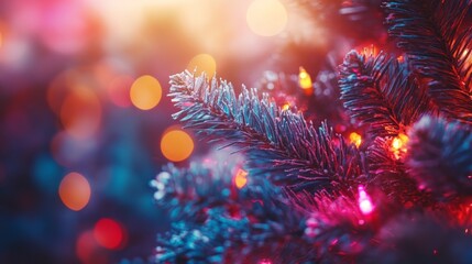 Fototapeta premium Festive Christmas Tree Branch With Lights And Frost