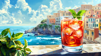Refreshing alcoholic cocktail with ice and mint overlooking picturesque italian coastal village. Sunny Coastal Village. Illustration