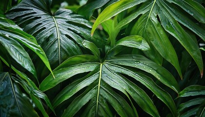 Rain-Kissed Greenery. Close-Up of Fresh Tropical Monstera Palm Leaves with Dew Drops Highlighting Nature’s Beauty and Inspiration for Sustainable Living or Interior Plant Decor Ideas