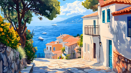 Illustration of stylistic small mediterranean architecture in painting style. Sunny Coastal Village. Illustration