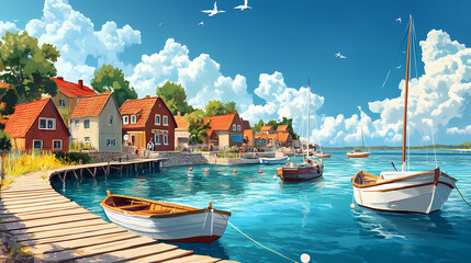 Obraz premium Idyllic coastal village with wooden pier, boats and clear blue water under a sunny sky. Sunny Coastal Village. Illustration