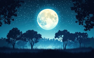 Enchanting Moonlit Landscape: A Serene Forest Under a Starry Sky