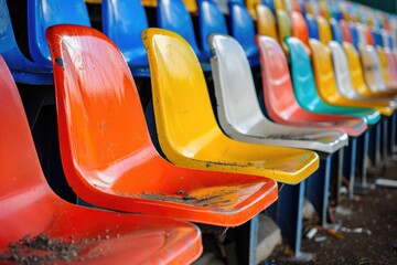 Row of vibrant plastic chairs aligned together