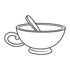 Cup with Spoon Outline Vector Illustration. Black and white vector illustration of a cup with a spoon. The cup features a curved handle and sits on a small base.