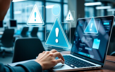 Person typing on a laptop with holographic warning symbols on screen in an office environment, concept of cybersecurity threat