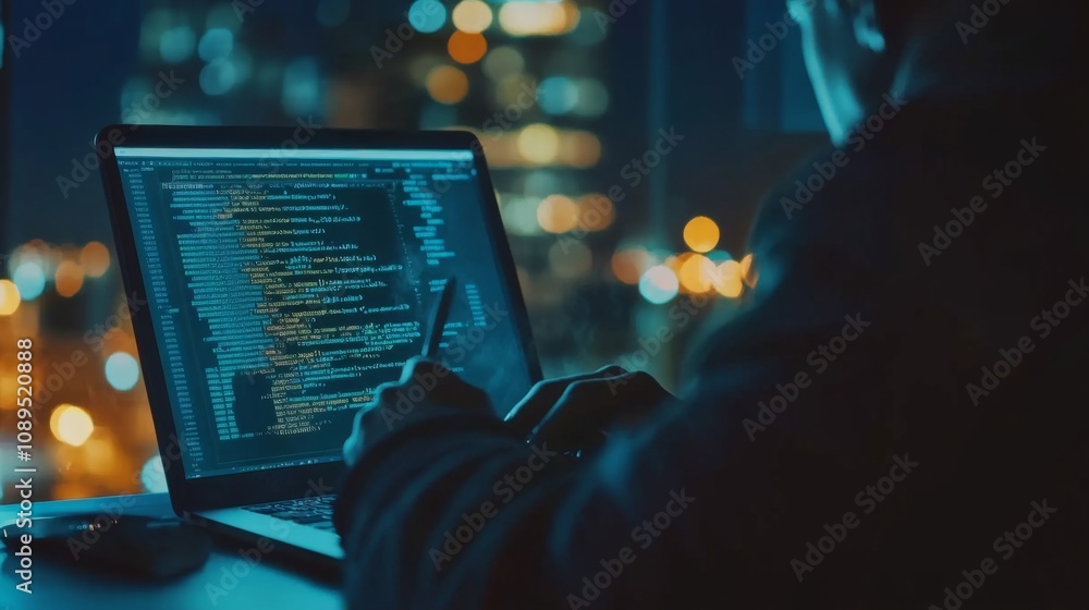 Poster coding at night software development urban setting digital workspace modern environment close-up vie