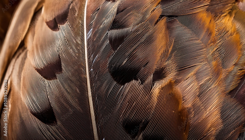 Poster close-up of vibrant bird feathers in rusty orange and metallic blue shades, perfect for concepts of 