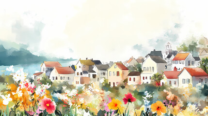 Fototapeta premium A watercolor scene of a sunny coastal village with colorful houses and blooming flowers against a natural landscape generative ai. Sunny Coastal Village. Illustration