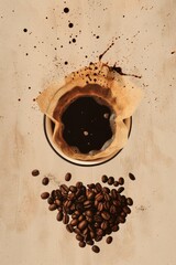 Coffee drink poster with Coffee Beans and Coffee Filter, Earthy and Warm Colors Minimalist design.