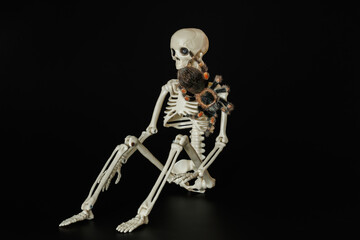 Spider isolated on black background. Skeleton and tarantula. Halloween holiday concept