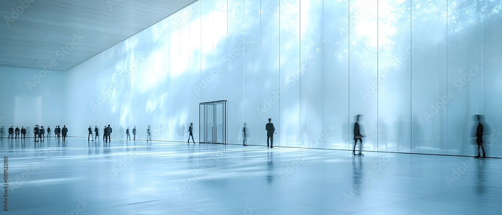 Poster serene and modern architectural space with people in motion, showcasing minimalist design elements a