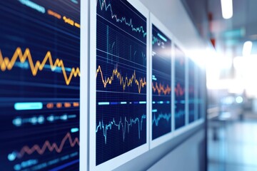 Keyword optimization visibility, A close-up of digital graphs displaying data trends, featuring colorful lines on screens in a modern environment.