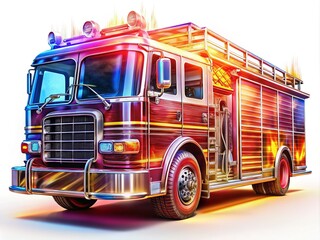Abstract fire truck, AI art, white background.  Line drawing, surreal.