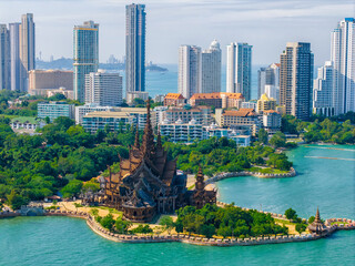 Aerial view Sanctuary of Truth wooden temple in Pattaya Thailand