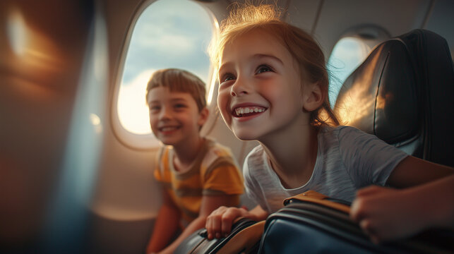 Young family boarding an airplane with children excited for their journey