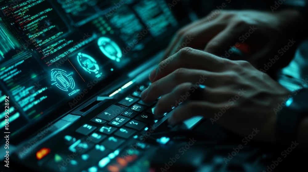 Poster cybersecurity measures in action a close-up of technology operations digital workspace high-tech env