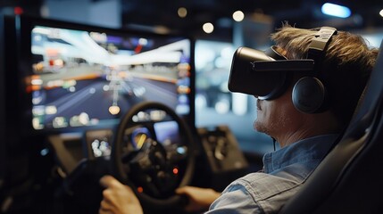 Young man immersed in virtual reality gaming with headset, experiencing simulated driving in modern arcade console environment, vibrant graphics and engaging gameplay.