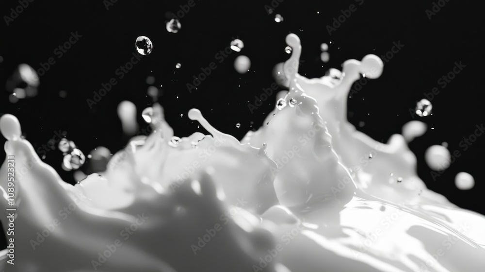 Poster dynamic milk splash action studio setting high-speed photography dark background artistic expression