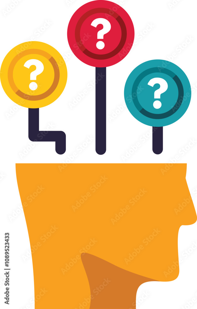Poster human head silhouette with question marks connected with lines representing critical thinking and pr