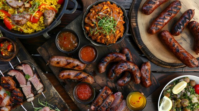 A lively South African braai with grilled meats, boerewors, and traditional side dishes like chakalaka and pap