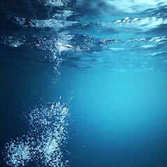 A high-resolution ultrarealistic image featuring a serene underwater scene. The digital artwork captures a multitude of air bubbles ascending gracefully through calm, dark blue water. Each bubble refl