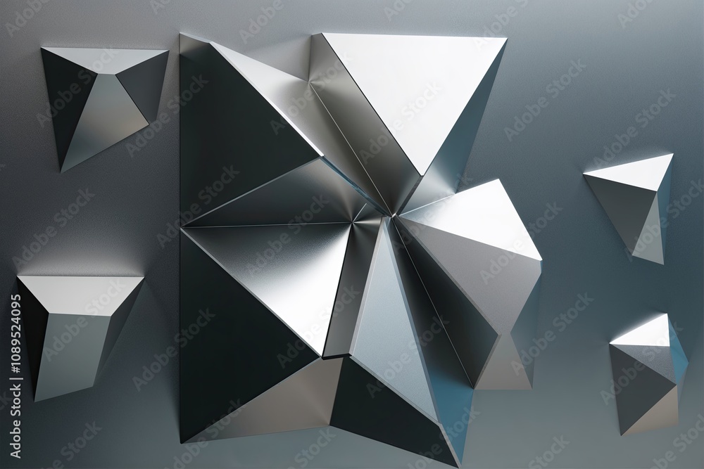 Poster three dimensional abstract angular shapes on metallic textures for art visualization
