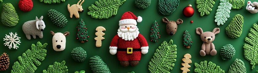 Fototapeta premium Knitted Santa Christmas joy. A festive arrangement featuring Santa Claus, woodland animals, and evergreen leaves, evoking a cheerful holiday spirit.
