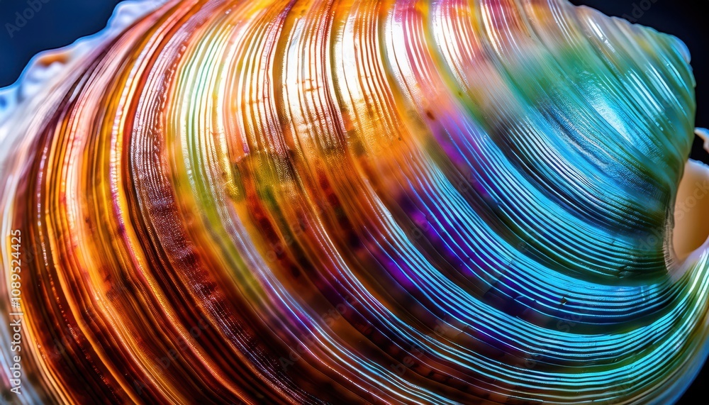 Poster Macro View of Iridescent Seashell Ridges Showcasing Vibrant Light Refraction and Textured Patterns. Study in Natural Design and Color Dynamics for Art and Interior Decor Inspiration