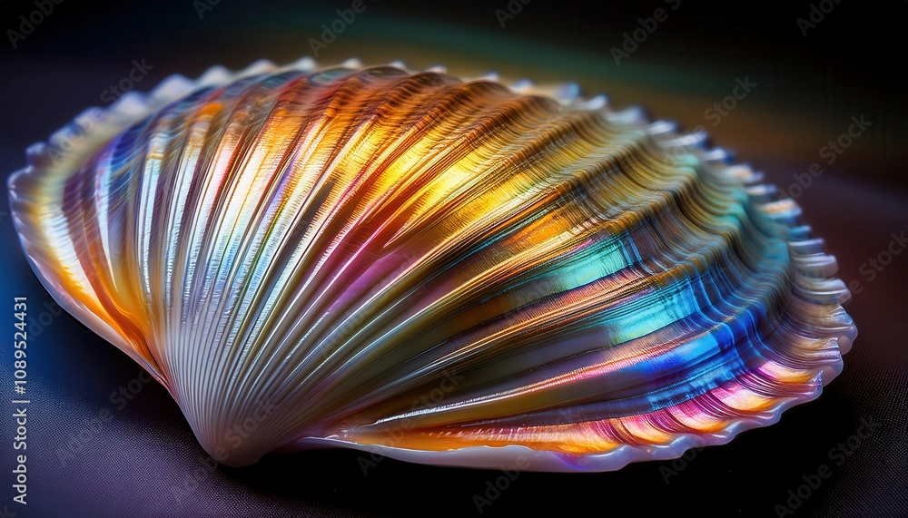 Poster Macro View of Iridescent Seashell Ridges Showcasing Vibrant Light Refraction and Textured Patterns. Study in Natural Design and Color Dynamics for Art and Interior Decor Inspiration
