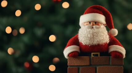 Knitted Santa Christmas joy. A cheerful Santa Claus figurine perched on a chimney, surrounded by a softly lit Christmas tree backdrop.