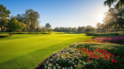 Obraz premium Serene Landscape of a Golf Course in the Early Morning Light Surrounded by Vibrant Blossoms and Lush Greenery, Perfect for Nature and Leisure Themes
