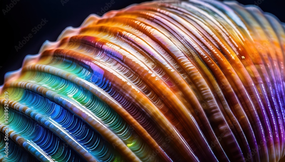 Poster Macro View of Iridescent Seashell Ridges Showcasing Vibrant Light Refraction and Textured Patterns. Study in Natural Design and Color Dynamics for Art and Interior Decor Inspiration