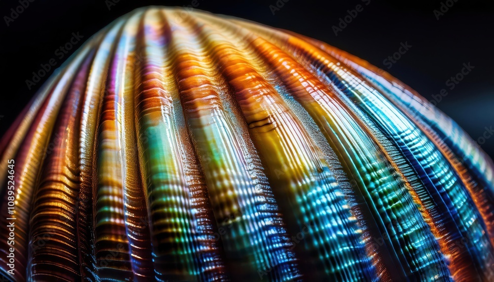 Poster Macro View of Iridescent Seashell Ridges Showcasing Vibrant Light Refraction and Textured Patterns. Study in Natural Design and Color Dynamics for Art and Interior Decor Inspiration