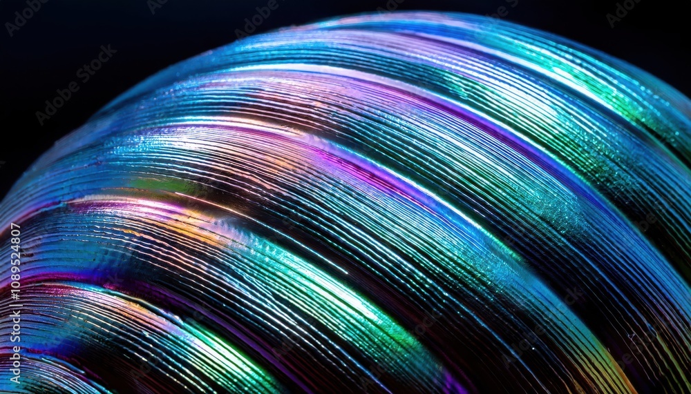 Poster Macro View of Iridescent Seashell Ridges Showcasing Vibrant Light Refraction and Textured Patterns. Study in Natural Design and Color Dynamics for Art and Interior Decor Inspiration