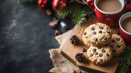 Fototapeta premium Delicious chocolate chip cookies with holiday drinks and festive decorations.