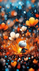  a girl sitting in a field of flowers under a rain-soaked sky, with the background blurred to create a dreamy atmosphere The flowers are vibrant and colorful, and t