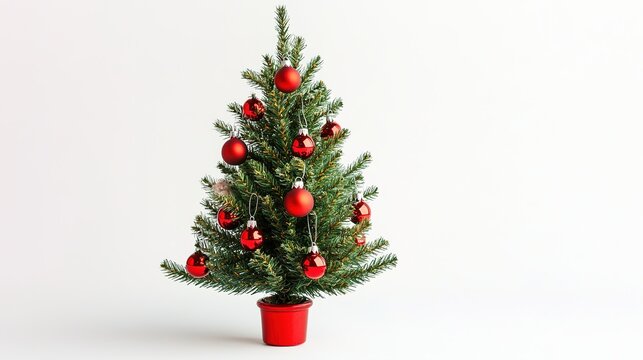 Small Christmas tree in red pot with decorations on white