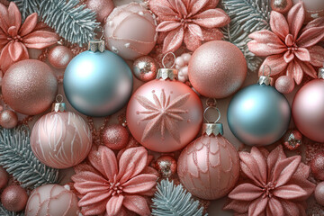 composition of Christmas decorations in pastel shades of pink and blue. In the foreground are various matte and shiny Christmas tree balls decorated with patterns and glitter. 