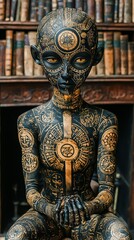 Obraz premium a woman with a black and gold body paint sitting in front of a book shelf filled with books She is wearing a mask, giving her a mysterious and captivating look
