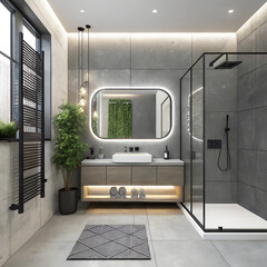 Futuristic Bathroom with LED-Lit Vanity, Concrete Finishes, and Glass Shower Enclosure