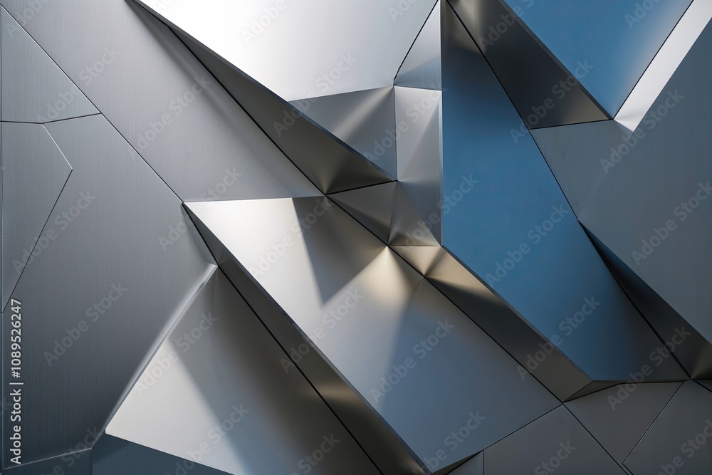 Poster three dimensional art visualization of abstract angular shapes on metallic surfaces