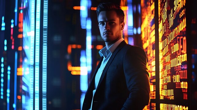 Confident Business Executive Surrounded by Financial Data Screens