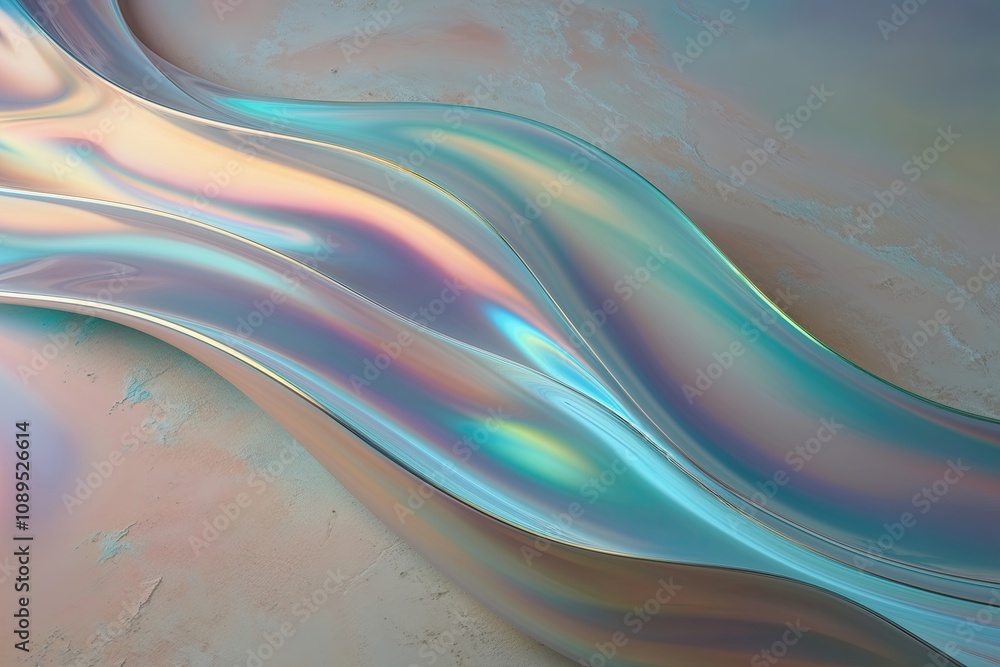 Poster iridescent fluid waves with subtle hue background and advanced 3d modeling techniques