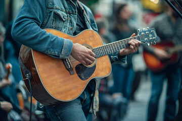 Obraz premium a man playing a guitar on a city street,