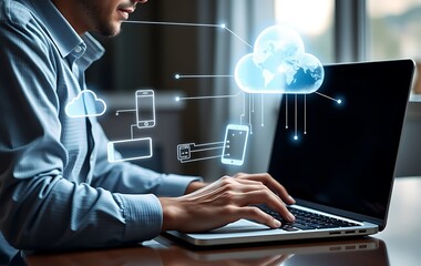 Fototapeta premium Man typing on laptop, cloud service hologram and devices sync