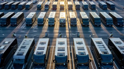Aerial view shows organized truck parking lot, suggesting busy hub. Two workers present in calm environment, possibly taken during off-peak hours.
